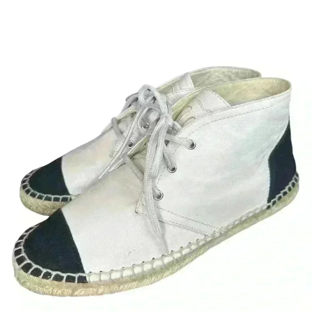 Chanel Beige/Black Lambskin Leather High Top Espadrilles Shoes.